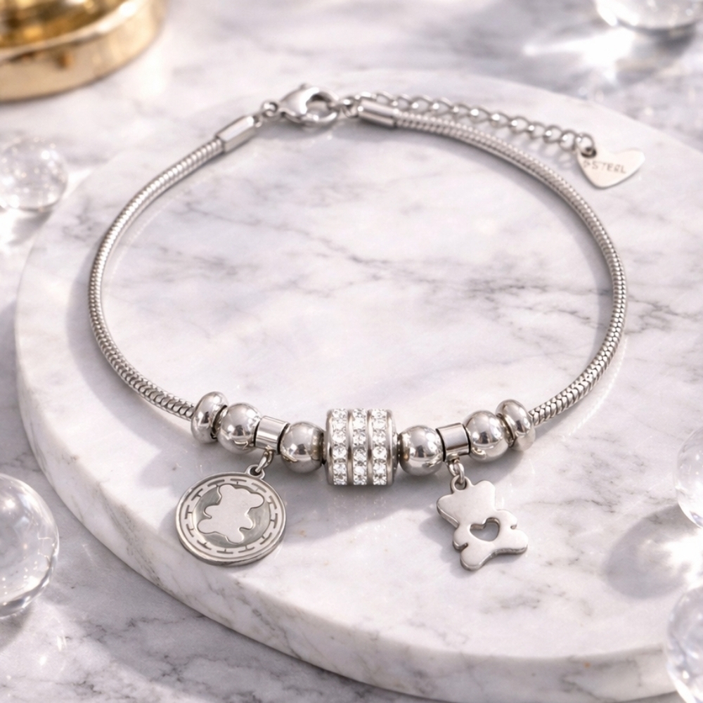 18K White Gold Plated Bear Charm Bracelet Rhinestone Beads Trendy Gift Jewelry - Picture 3 of 13